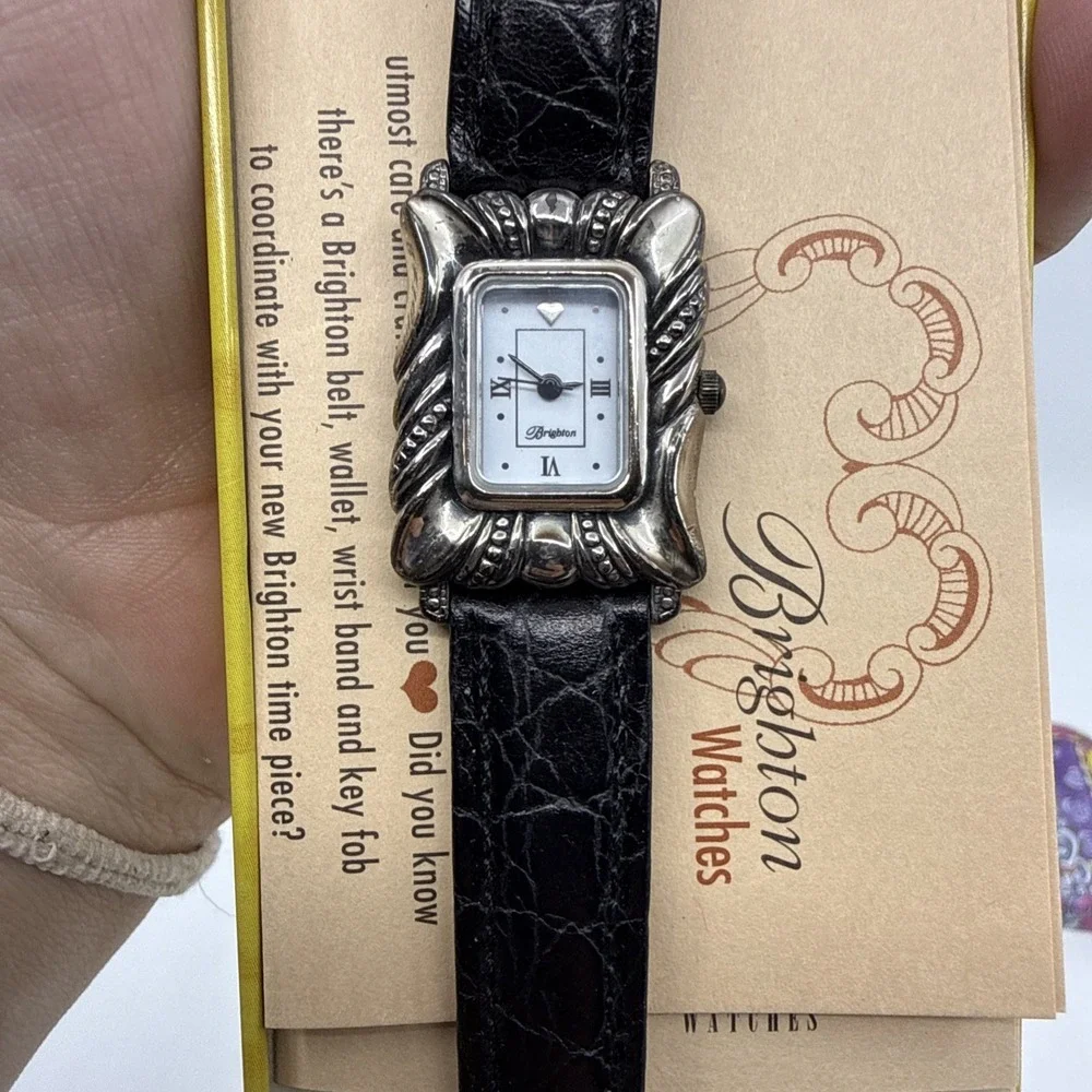 Brighton Watch Black leather band rectangle Silver tone Needs Battery Case Paper